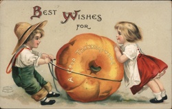 Thanksgiving Children with Giant Pumpkin - Vintage Holiday Postcard Postcard