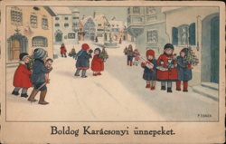 Children with Christmas Gifts in Snowy Village Square - Vintage Holiday Scene Pauli Ebner Postcard Postcard Postcard