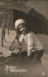 Girl with Umbrella in Snow, Merry Christmas Greeting, Vintage German Postcard Children Postcard Postcard