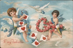 Valentine Cherubs with Heart Garland & Letters, Embossed, c. 1908 Postcard