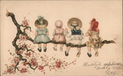 Four Children on a Branch, Dutch Children Postcard Postcard