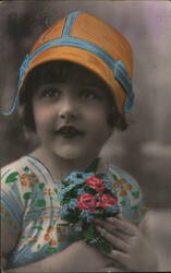 Charming Girl with Flowers, Belgium, Colorized Portrait Postcard