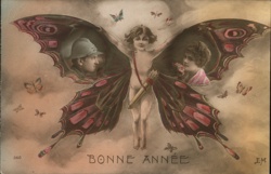 New Year's Butterfly Fairy w/ Soldier & Woman, Bonne Année Angels & Cherubs Postcard Postcard Postcard