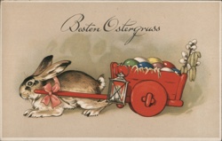 Easter Bunny with Egg Cart, Vintage German Postcard With Bunnies Postcard Postcard