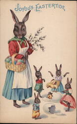 Anthropomorphic Easter Bunny Family with Chicks and Eggs With Bunnies Postcard Postcard Postcard