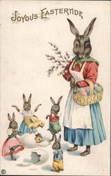 Anthropomorphic Easter Bunny Family with Eggs and Chicks Postcard