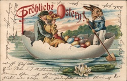 Couple in Eggshell Boat, Easter Bunny Gondolier, Vintage Postcard With Bunnies Postcard Postcard