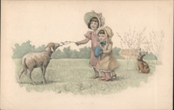 Two Girls, Lamb, and Rabbit Easter Postcard With Children Postcard Postcard