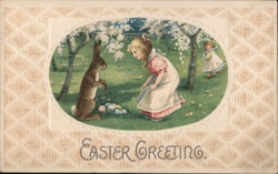 Easter Bunny & Girl with Eggs, Vintage Embossed Postcard With Bunnies Postcard Postcard