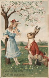 Easter Bunny Courting Girl Under Blossoming Tree With Bunnies Postcard Postcard Postcard