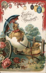 Easter Chicks in Eggshell Cart, Vintage Holiday Postcard Postcard Postcard