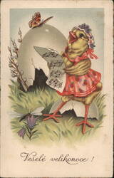 Easter Chick Singing, Vintage Czech Postcard Postcard