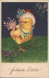 Easter Chick with Flowers, Vintage Postcard With Chicks Postcard Postcard