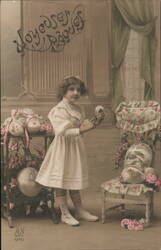 Little Girl with Easter Eggs, Antique French Postcard With Children Postcard Postcard