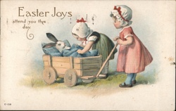 Easter Girls with Bunny in Wagon - Vintage Postcard With Children Postcard Postcard