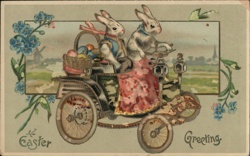 Two Easter Bunnies in Antique Car - Vintage Easter Greeting With Bunnies Postcard Postcard Postcard