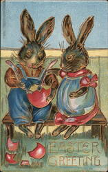 Two Easter Bunnies Painting Eggs - Embossed Vintage Postcard With Bunnies Postcard Postcard