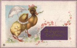 Two Ducklings with Parasol, Joyful Easter Greeting Postcard Postcard Postcard