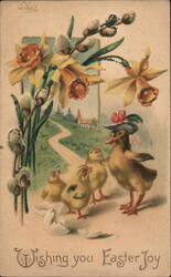 Duck & Chicks with Easter Eggs, Daffodils & Church - Vintage Easter Postcard Postcard Postcard