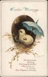 Easter Chick with Parasol in Nest - Vintage Holiday Postcard Postcard Postcard