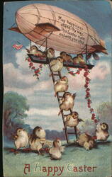 Happy Easter Chicks in Blimp, Vintage Holiday Postcard Postcard Postcard