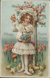 Girl with Chicks and Canary, Easter Greetings, Tuck's Postcard Postcard Postcard