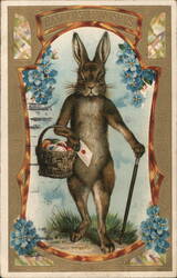 Easter Bunny with Basket & Letter, Vintage Embossed Postcard With Bunnies Postcard Postcard