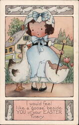 Cute Girl with Goose, Chick & Broken Eggshell - Easter Postcard With Children Postcard Postcard