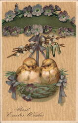 Two Chicks in a Basket, Easter Greetings - Vintage Embossed Postcard Postcard