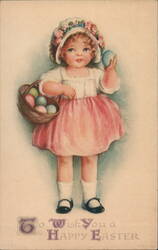 Vintage Easter Girl with Basket and Eggs Postcard