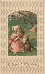 Little Girl & Easter Bunny, Embossed, Germany With Bunnies Postcard Postcard Postcard