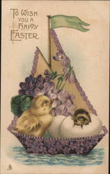 Easter Chicks in a Floral Boat, Vintage Easter Greeting Postcard Postcard Postcard