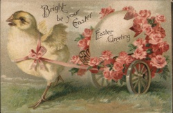 Easter Chick Pulling Cart of Roses Postcard Postcard Postcard