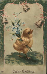 Easter Chick with Forget-Me-Nots & Bells - Vintage Easter Greeting With Chicks Postcard Postcard Postcard