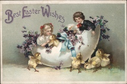 Children with Chicks in Giant Easter Egg, Violets, Vintage Easter Postcard Postcard Postcard