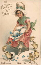 Vintage Easter Girl with Chicks and Eggs Postcard Postcard Postcard