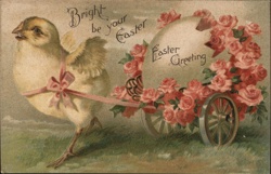 Easter Chick Pulling Cart of Roses - Vintage Holiday Greeting Postcard