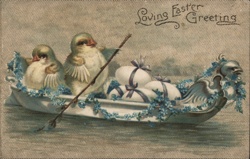 Baby Chicks with Easter Eggs in a Boat - Loving Easter Greeting With Chicks Postcard Postcard Postcard