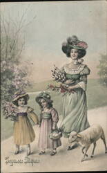 Easter Family with Lambs, Joyeuses Pâques, Vintage French Postcard Postcard Postcard