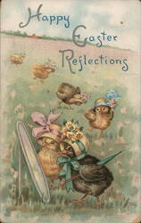 Happy Easter Reflections: Chicks in Hats with Mirror & Umbrella Postcard