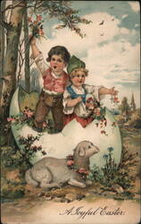 Children in Eggshell with Lamb, Joyful Easter Postcard, 1908 Postcard Postcard