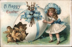 Happy Easter Girl with Chicks Hatching from Giant Egg Postcard Postcard Postcard