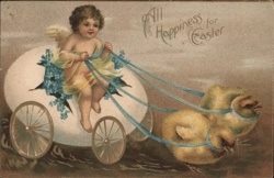 Easter Cherub in Eggshell Chariot with Chicks - Antique Postcard Postcard