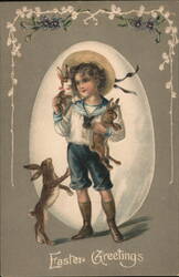 Boy with Bunnies, Easter Greetings Postcard Postcard Postcard