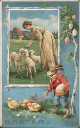 Woman Feeding Lambs, Easter Bunny & Chicks, Germany With Bunnies Postcard Postcard Postcard