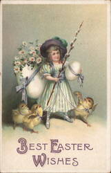 Easter Girl with Chicks, Eggs, and Flowers - Vintage Holiday Postcard Postcard Postcard