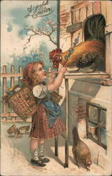 Girl Feeding Rooster, Easter Chicks, Vintage Postcard Postcard Postcard