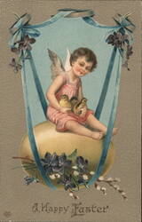 Cherubic Angel with Chicks & Easter Egg - Vintage Easter Greeting Postcard