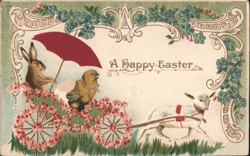 Happy Easter Rabbit, Chick & Lamb Pulling Cart, Vintage Postcard Postcard Postcard