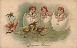 Three Babies in Eggshells with Chicks - Joyeuses Pâques - French Easter With Children Postcard Postcard Postcard